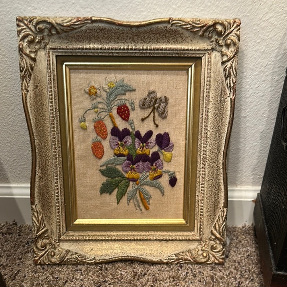 Vintage needle point  Floral Art in wood Frame signed 1968 (14 x 11)